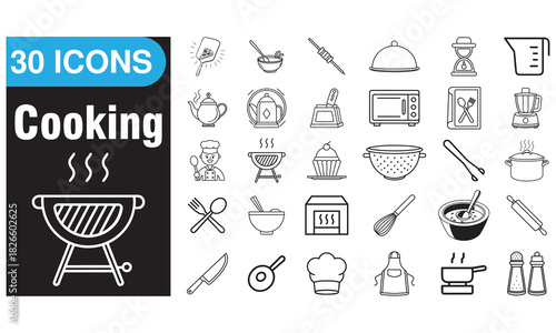 30 Cooking & Kitchen Icons Vector Set: Chef, BBQ, Utensils, and Food Preparation Outline Graphics