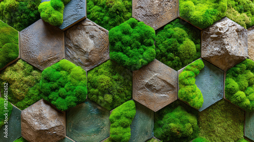 Calming green moss wall with natural hexagon texture. This modern eco design makes fresh background for an interior biophilic decoration