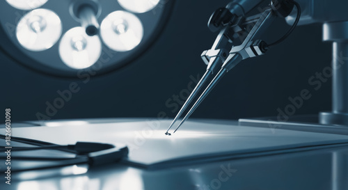 An intricate medical instrument, illuminated by focused surgical lighting, stands prepared in a sterile operating room environment, symbolizing the precision and innovation of modern healthcare.