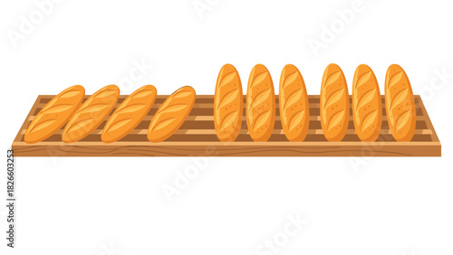 Freshly baked baguettes displayed on a wooden rack, perfect for baking blogs, bakery promotions, and food-related projects