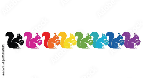 Colorful rainbow squirrels holding acorns in a line, showcasing a spectrum of hues