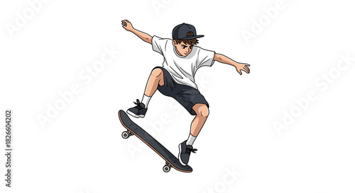 Dynamic skateboarding trick captured in illustrative style against white background for skate