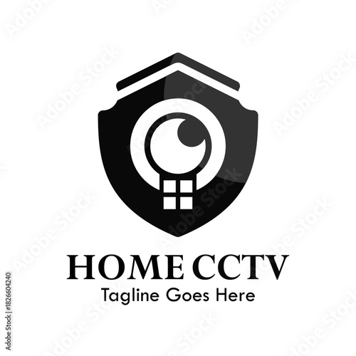 Professional Home CCTV logo design. A strong vector symbol featuring an eye in a shield, representing security, surveillance, home monitoring, and advanced protection systems.