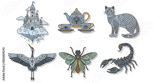 Whimsical assortment of fanciful elements: castle, tea set, animals and arthropods composition