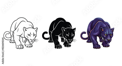 Three styles of a black panther illustration outline, silhouette and colored graphic