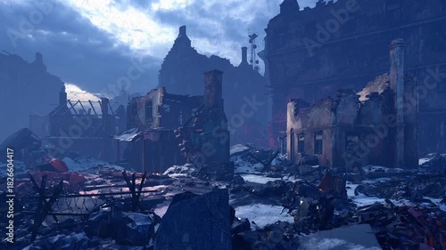 Panorama of a destroyed city block. An animation on the theme of war and destruction.	
