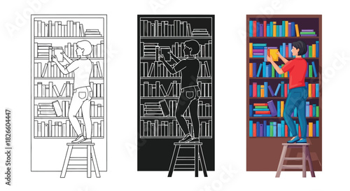 Illustration of a person a stool reaching for a book a tall bookshelf, symbolizing learning and knowledge