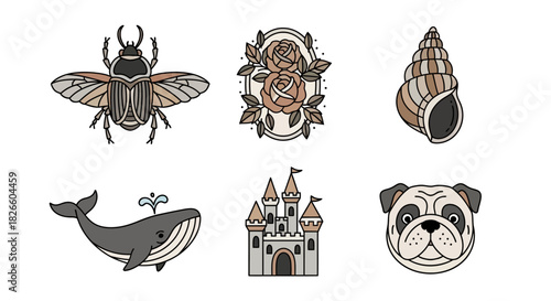 Vector illustration featuring a beetle, flowers, seashell, whale, castle, and dog in a vintage style