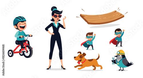 Cartoon Illustration of Characters with Diverse Activities and Professions Depicted Vividly