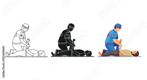 Cpr first aid illustration of rescuer and patient, outline, silhouette, color
