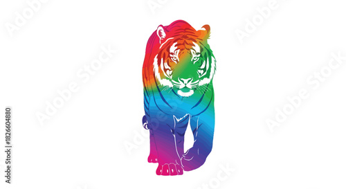 Majestic tiger rendered in a striking array of rainbow colors, walking directly towards viewer