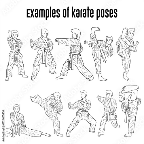 bundle of clean line art illustrations of karate moves