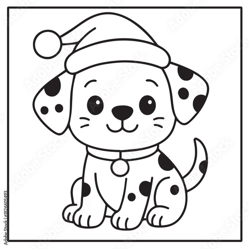 Cute Christmas Puppy Coloring Page. A festive Dalmatian dog wearing a Santa hat in a simple square outlined illustration for kids.