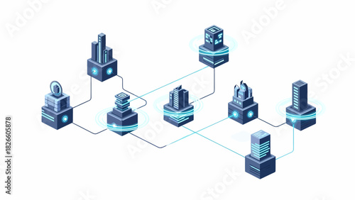 Blockchain Isometric Network Of Connected Data Centers Illustration