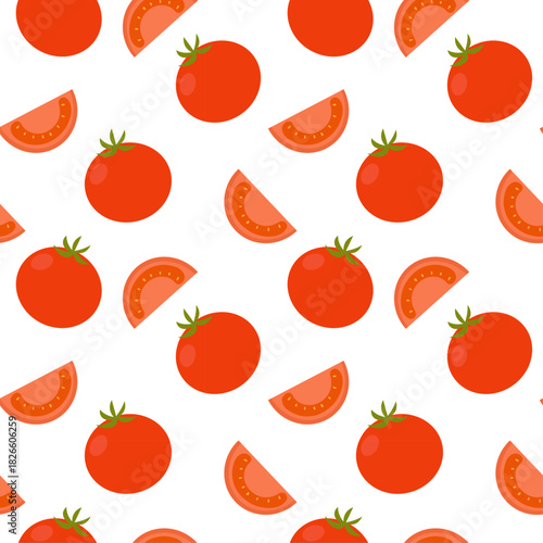 Seamless pattern with tomatoes. Repeating whole tomatoes and sliced pieces in a flat style. Fresh vegetable pattern for fabric, packaging, kitchen decor, wrapping paper and food designs.