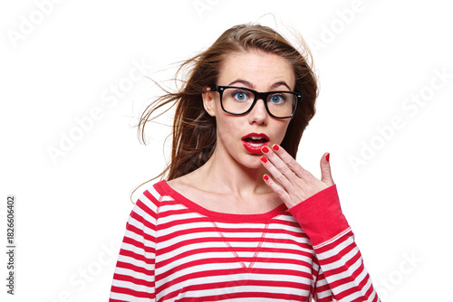 Woman, surprise and glasses in studio portrait for deal, wow and mockup space with sale on white background. Person, announcement or cover mouth with gasp for secret, reaction and discount in Canada