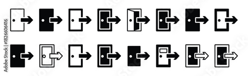 Login and logout icons, including vector sign in and sign out, door open and close symbols, black enter and exit arrows, flat trendy style, suitable for user interface design, website apps. vector