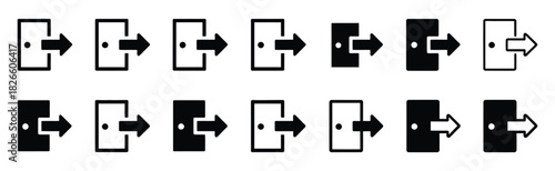 Login and logout icons, including vector sign in and sign out, door open and close symbols, black enter and exit arrows, flat trendy style, suitable for user interface design, website apps. vector