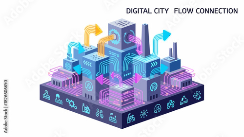 Futuristic Digital City Flow Connection With Arrow And Network