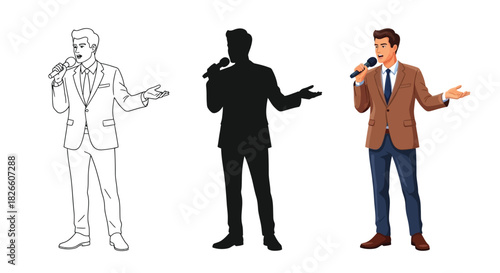 Man holding microphone in three different styles line art, silhouette and full color illustration