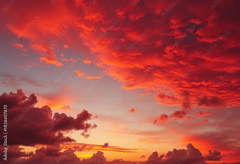 Fototapeta premium Fiery sky bleeds into twilight, painting clouds in vibrant hues of crimson and gold, horizon, sunset