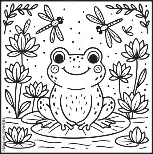 Cute Frog Coloring Page in Floral Frame. A happy little frog surrounded by flowers and leaves, perfect for kids' coloring activities
