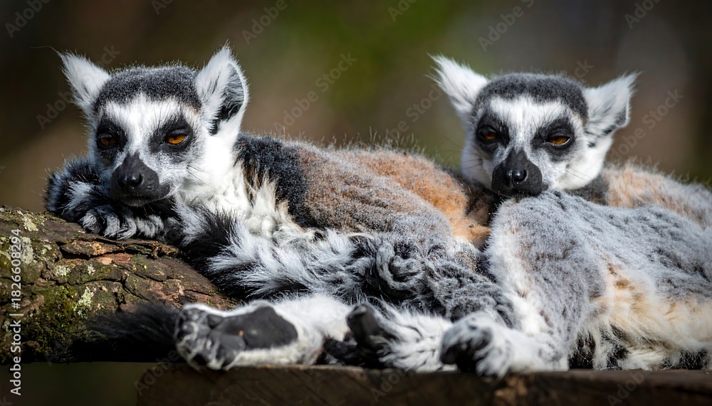 Obraz premium Two lemurs cuddle on a branch with blurred, natural background; close, bright, and detailed