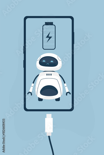 Mobile phone with low battery and unhappy ai bot assistant. Charger, low battery, white cable, new modern technologies