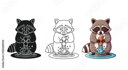 Three cartoon raccoons holding plungers, standing in water, depicted in silhouette, line art, and colored styles