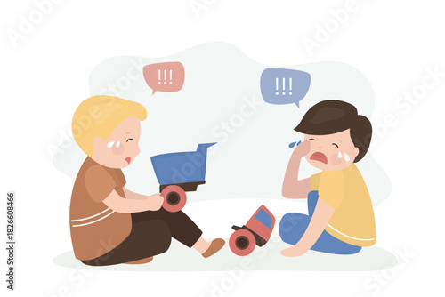 Upset crying children with broken toy. Frustrated disappointed boys in tears. Sad kids crying over broken toy truck sitting on floor.