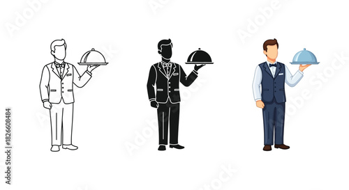 Waiter holding a cloche in outline, silhouette, and colored illustration styles
