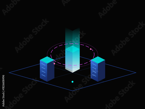 Neon Quantum AI Computing Core. Isometric Future Tech Mainframe.