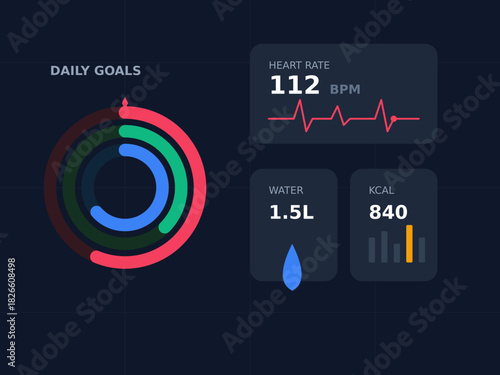Fitness Tracker User Interface Dashboard. Dark Mode Health App Vector.