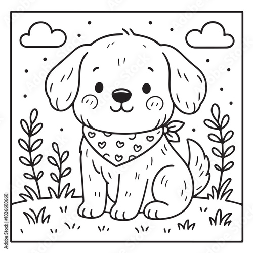 Cute Puppy Coloring Page. Adorable fluffy dog sitting in the garden with scarf, plants, clouds and small details for kids activity or printable sheet.