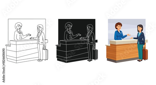 Hotel reception with a receptionist and a guest, depicted in three different artistic styles