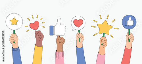 People give review rating and feedback, depicting hands with different skin tones, like and heart buttons, thumbs up, positive approval signs, rating icons, customer choice, colorful flat vector