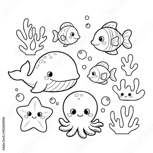 Cute Ocean Animals Vector Set with Whale Fish Octopus Starfish and Coral