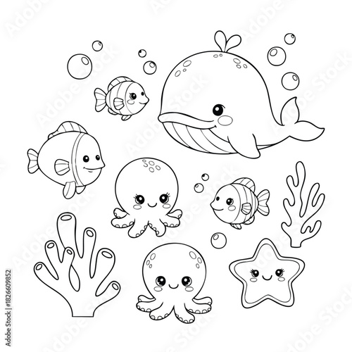 Cute Ocean Animals Vector Illustration with Whale Fish Octopus Starfish and Coral