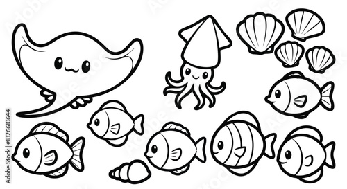 Cute Ocean Creatures Vector Set with Stingray Squid Fish and Seashell