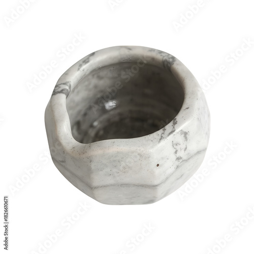 White marble vessel with grey veining faceted design top view isolate stone container