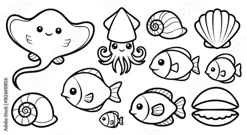 Cute Ocean Creatures Vector Set with Stingray Squid Fish and Seashell