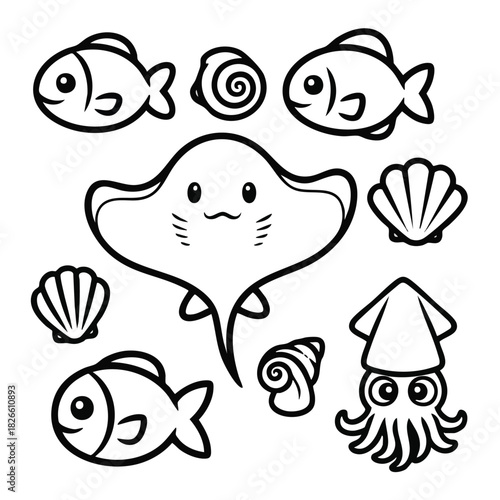Cute Ocean Creatures Vector Set with Stingray Squid Fish and Seashell