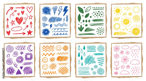 8 torn paper cards featuring colorful hand-drawn doodle elements. on a black background