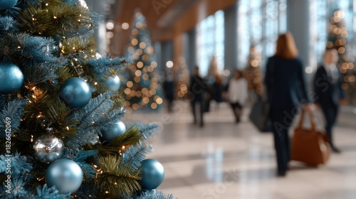 Christmas decorations adorn the mall as shoppers stroll by, creating a lively and festive environment during the holiday season