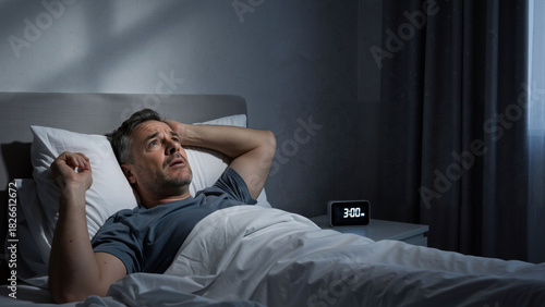 Caucasian man experiencing insomnia lying awake in bed at 3am. Sleep deprivation due to stress, anxiety or panic disorder concept for health and medicine.