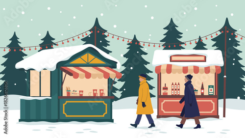 People walking past festive stalls at a winter christmas market in a snowy scene, depicting holiday shopping, seasonal decorations, christmas trees, glowing lights