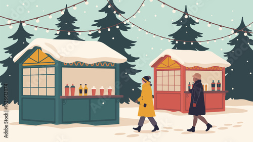 People walking past festive stalls at a winter christmas market in a snowy scene, depicting holiday shopping, seasonal decorations, christmas trees, glowing lights