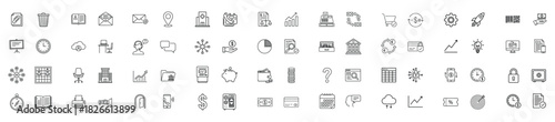 Big set of business and finance vector illustration icons, financial management symbols, office workflow elements, banking operations, investment tools and corporate communication concepts