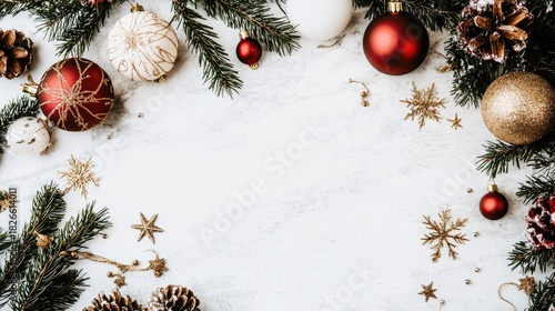 Colorful holiday ornaments and pine branches arranged on a bright background, creating a cheerful festive scene for the season