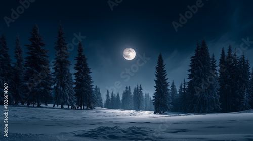 Snowy landscape with tall evergreen trees under a full moon in a dark blue night sky scene